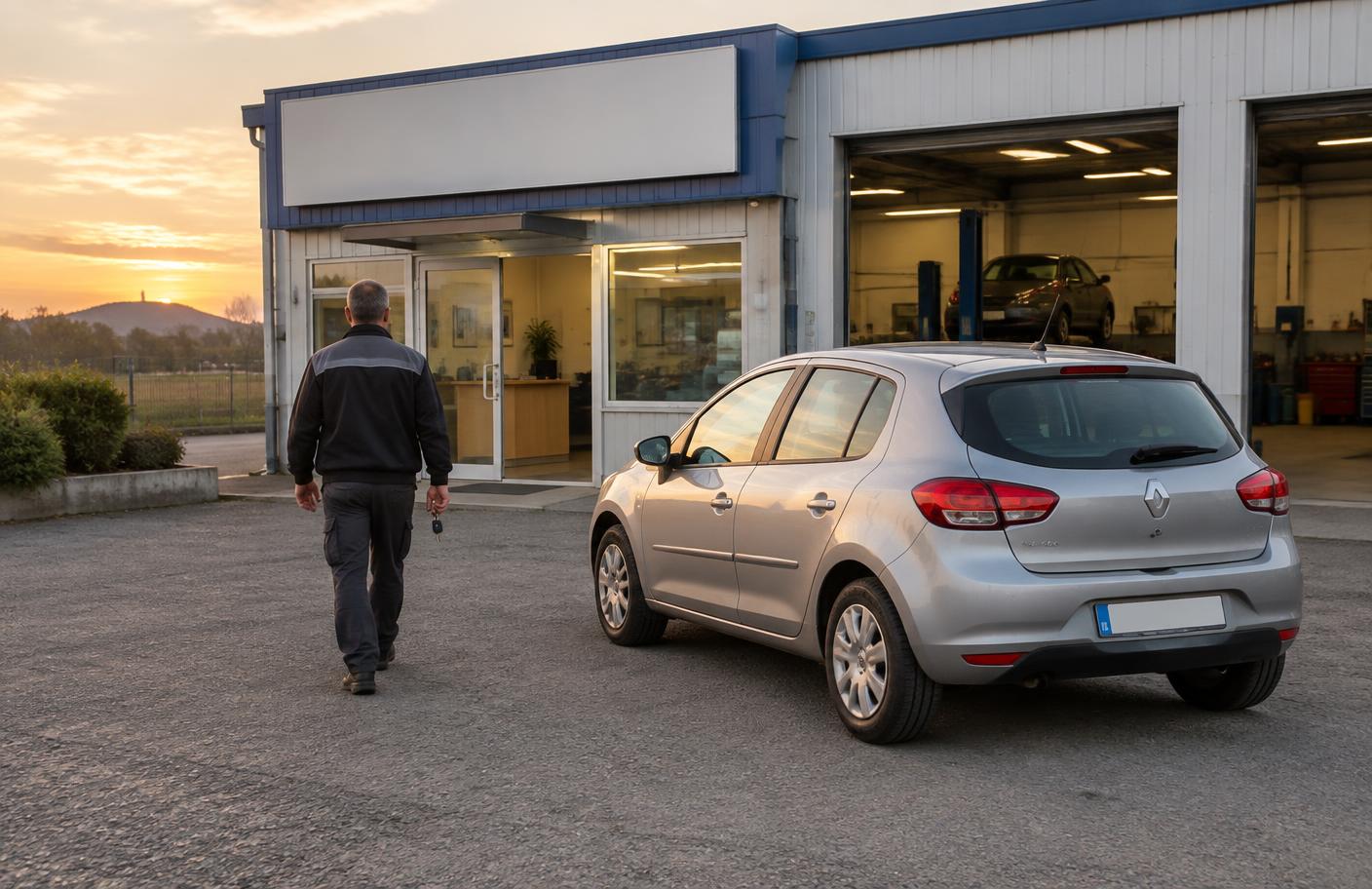 Remise des clés d’un véhicule devant un garage